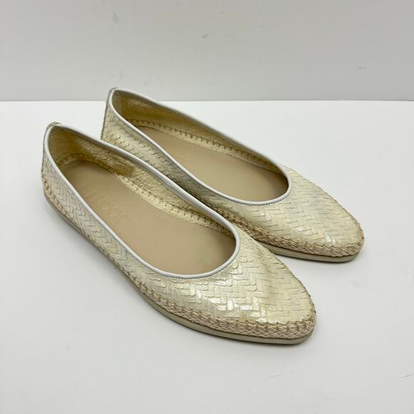 The Flexx | Metallic Ivory Cream Leather Texture Pointed Toe Espadrille Flats - Picture 6 of 12
